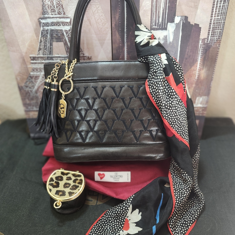 AUTH Black Valentino Satchel/Tote, Dust Bag, Keychain, Tassel, Scarf, Coin Purse
